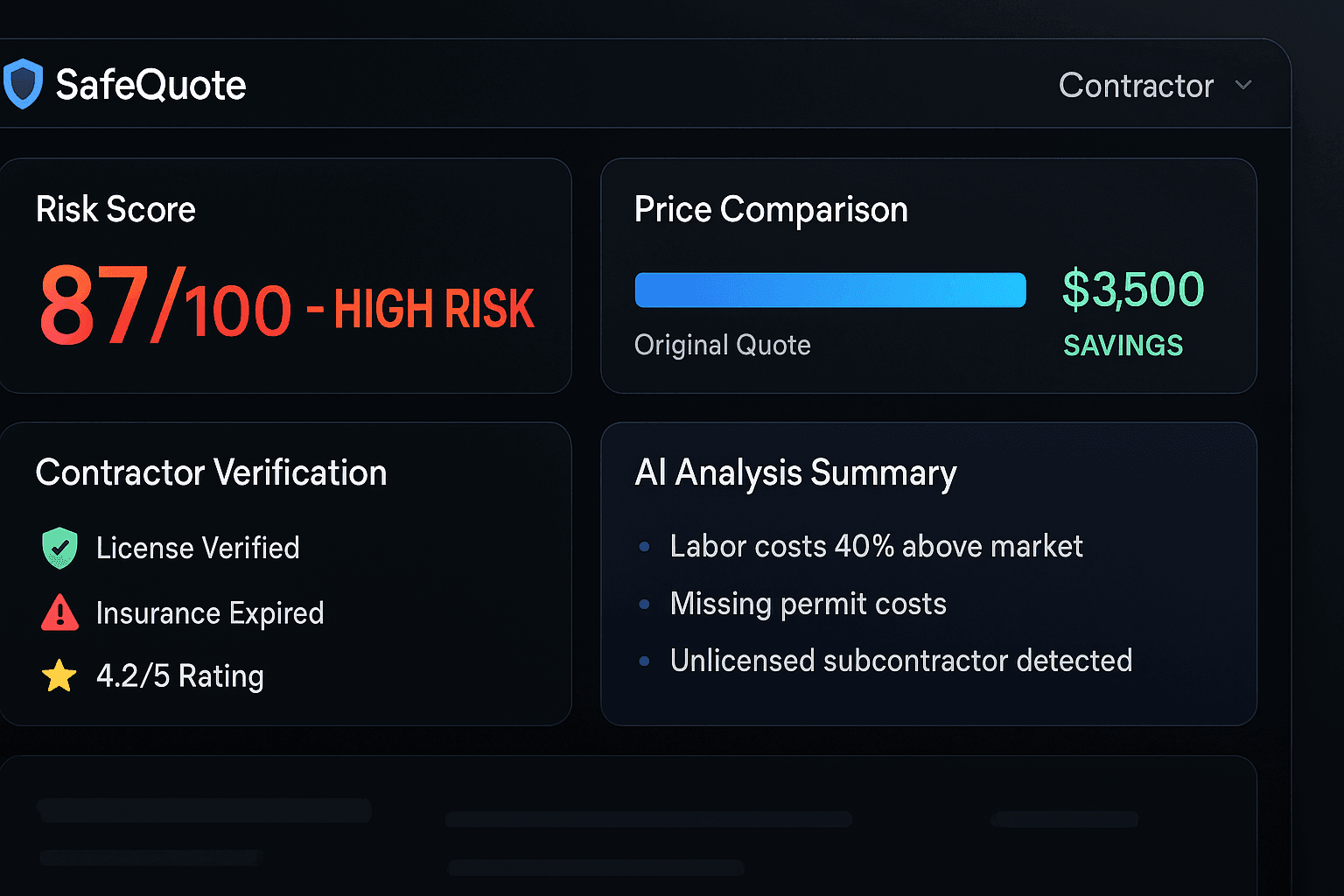 SafeQuote Dashboard showing AI analysis of contractor quotes
